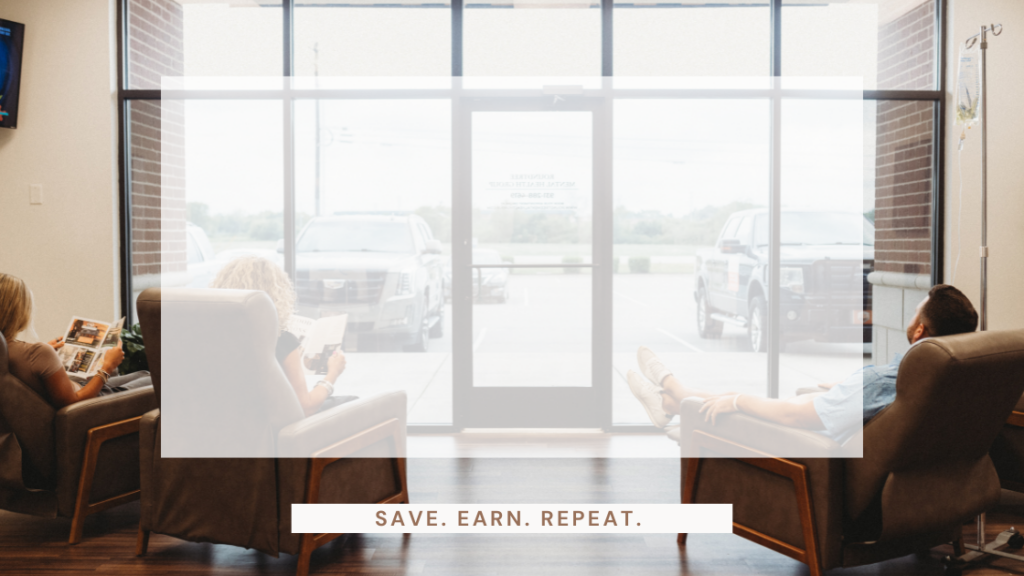 Patients relaxing in a bright, modern medspa waiting area with IV therapy and reading materials, highlighting the comfort and care at Restoration Wellness + Medspa. Text overlay reads: "Save. Earn. Repeat." promoting app-based membership rewards.