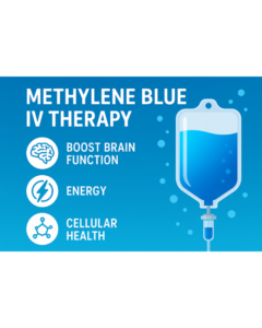 Modern digital graphic for Methylene Blue IV Therapy featuring a blue gradient background, white icons for brain function, energy, and cellular health, and a line illustration of an IV bag